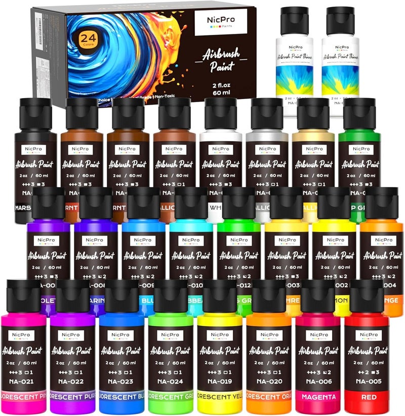 Nicpro 24 Colors Airbrush Paint (2 oz, 60 ml) with 2 Thinner, Ready to Spray Airbrush Paint Set, Opaque Water-Based Acrylic Air brush Paints for Model, Metal, Plastic, Wood, Canvas - Image 1